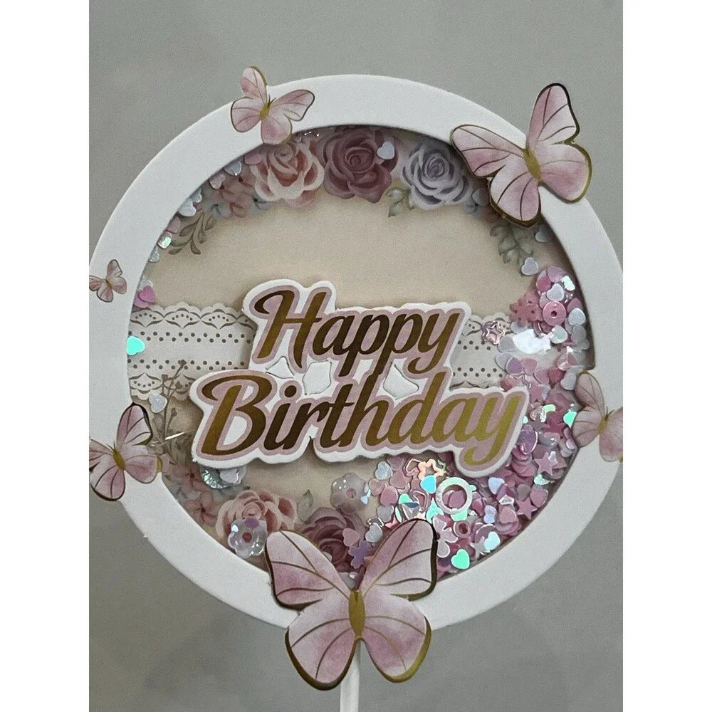 Butterfly Sequin Cake Topper Round Confetti Birthday Decoration Party Pretty NEW